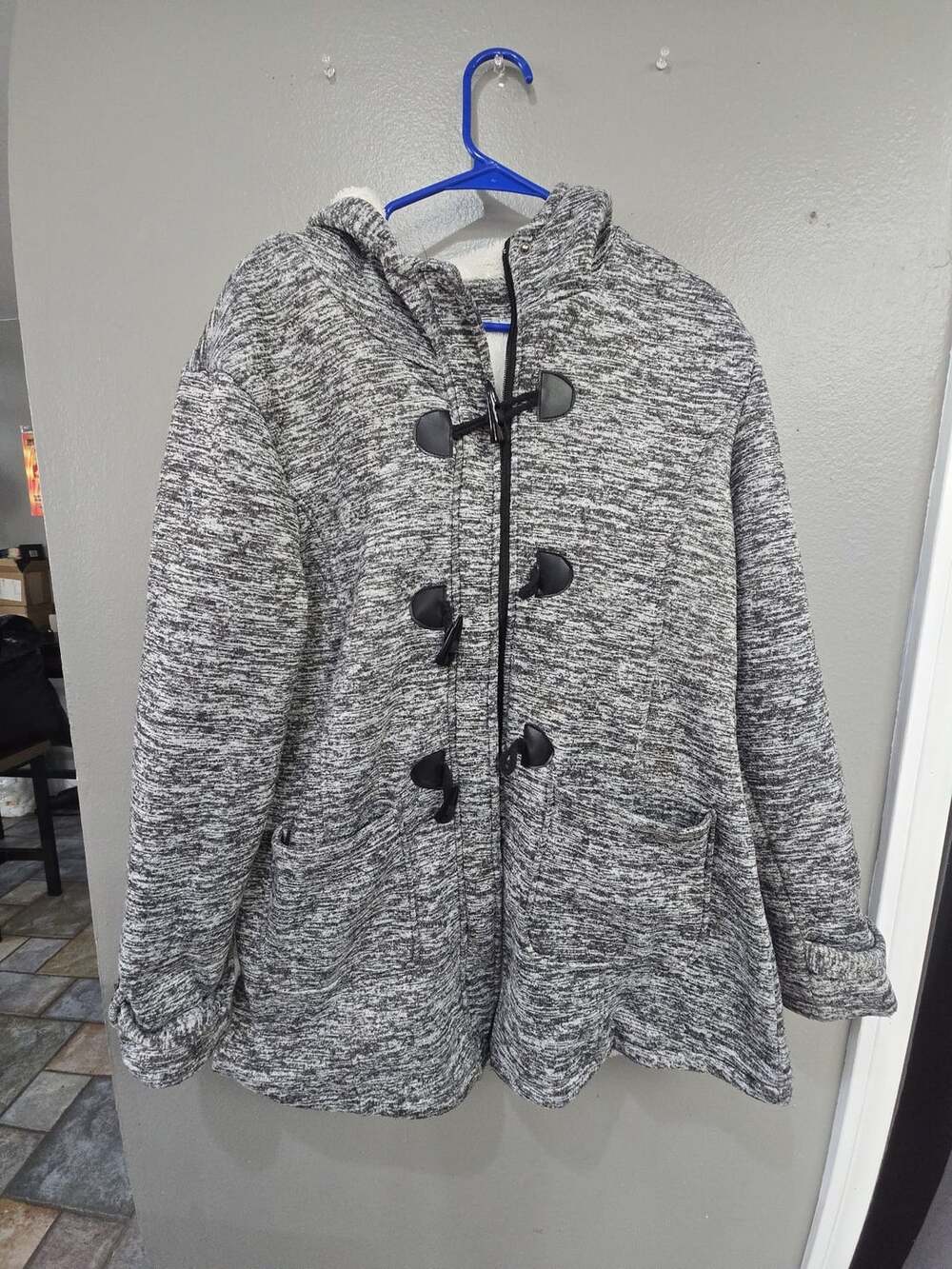 Large Hooded Toggle Coat Gray Sherpa Lined
